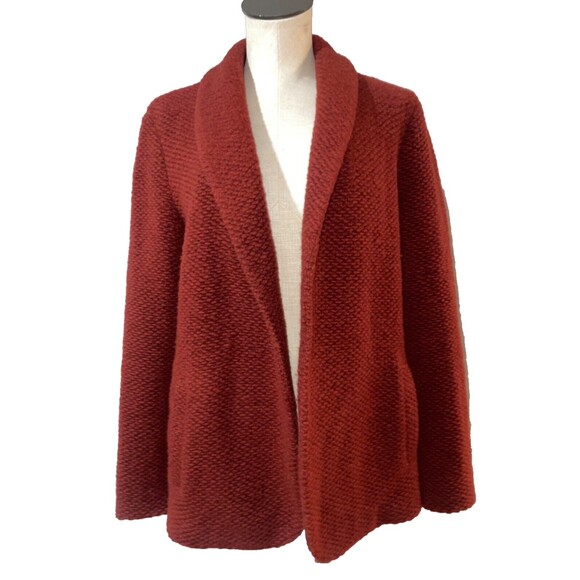 Promod Women's Wool Cardigan Coat size L Open Front Red Holidays Christmas - Picture 1 of 13